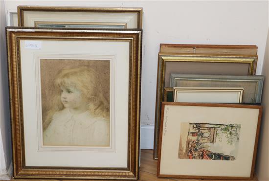 A group of assorted pictures and prints including a watercolour of a child, 29 x 22cm